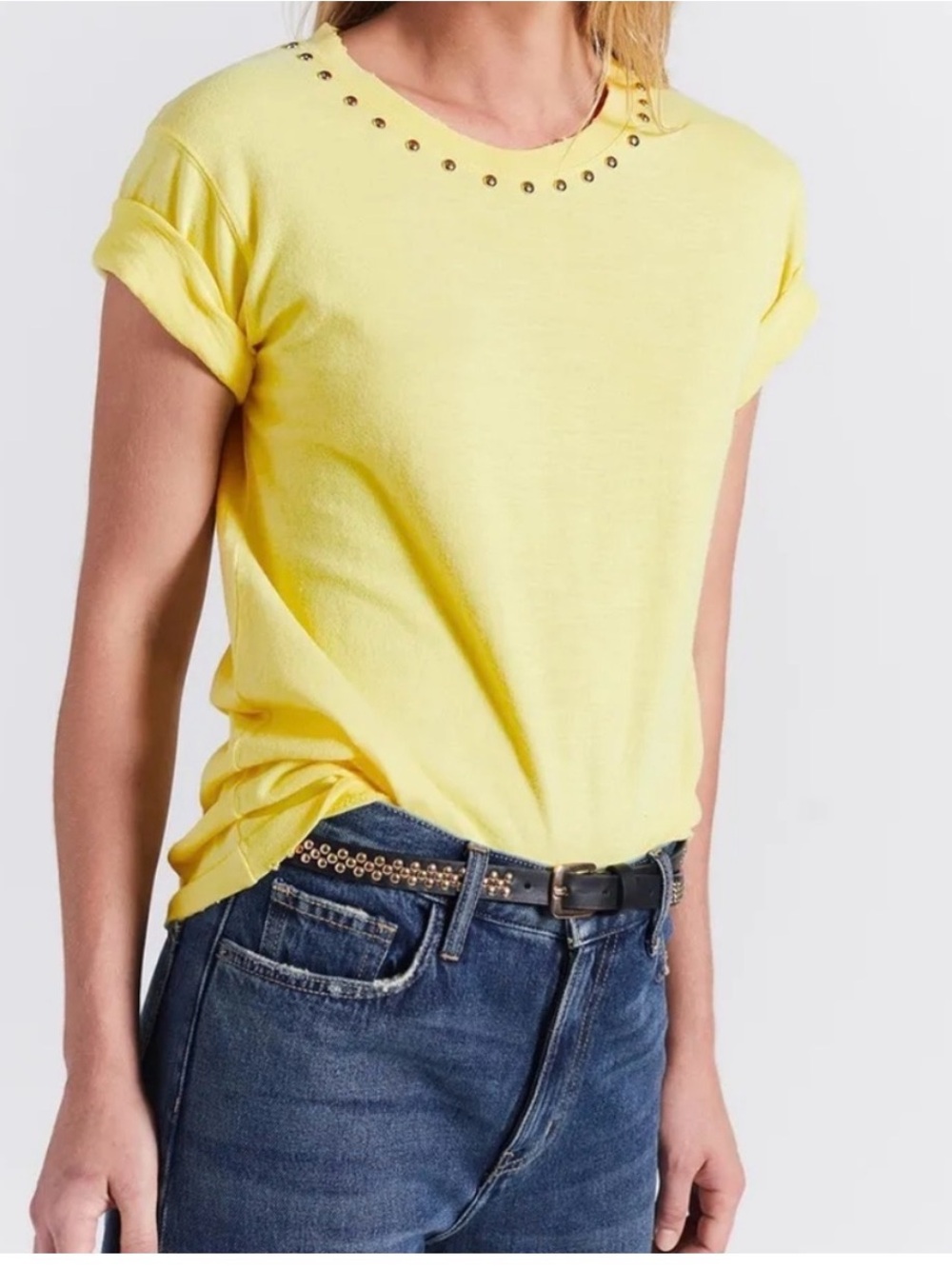 Current/Elliott Lemon Yellow Short Sleeve Tee with Stud Trim